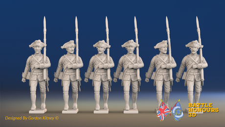 Seven Years’ War Prussian Musketeers - March Attack - Set 15, front view. Supplied unpainted.