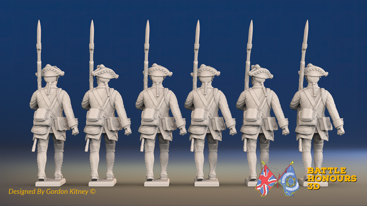 Seven Years’ War Prussian Musketeers - March Attack - Set 15, rear view. Supplied unpainted.