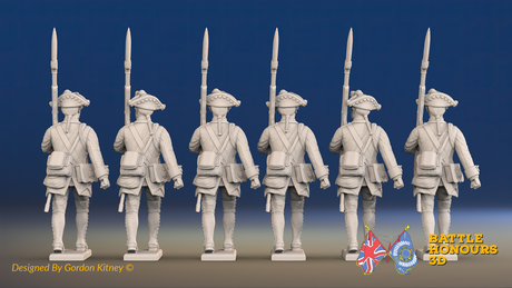 Seven Years’ War Prussian Musketeers - March Attack - Set 15, rear view. Supplied unpainted.
