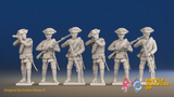 Seven Years’ War Russian Musketeers - Firing - Summer Uniform - Observation Corps - Rolled Coats, front view. Supplied unpainted.