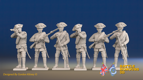 Seven Years’ War Russian Musketeers - Firing - Summer Uniform - Observation Corps - Rolled Coats, front view. Supplied unpainted.
