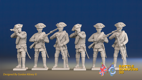 Seven Years’ War Russian Musketeers - Firing - Summer Uniform - Observation Corps - Rolled Coats, front view. Supplied unpainted.