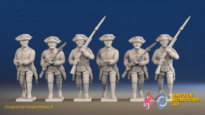 Seven Years’ War Russian Musketeers - Advancing - Winter Uniform - Observation Corps, front view. Supplied unpainted.