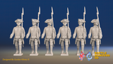 Seven Years’ War Russian Musketeers - March Attack - Winter Uniform - Observation Corps, front view. Supplied unpainted.