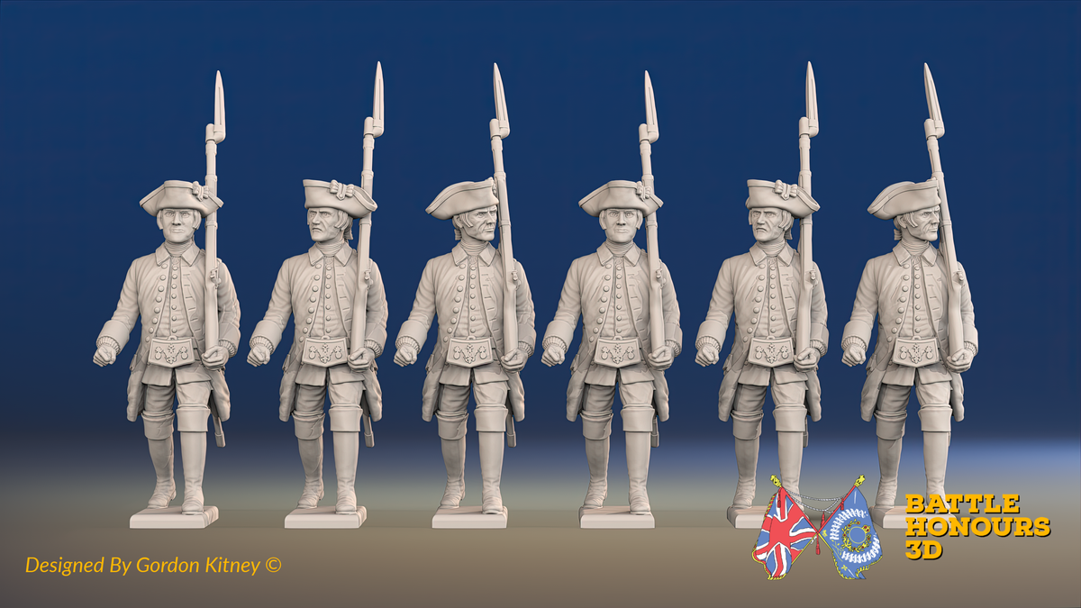 Seven Years’ War Russian Musketeers - March Attack - Winter Uniform - Observation Corps, front view. Supplied unpainted.