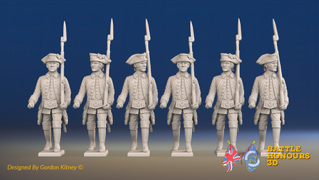 Seven Years’ War Russian Musketeers - March Attack - Winter Uniform - Observation Corps, front view. Supplied unpainted.