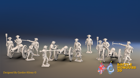 Seven Years’ War Prussian Foot Artillery Battery - 12-Pounders - 3 Guns and 13 Figures, front view. Supplied unpainted.
