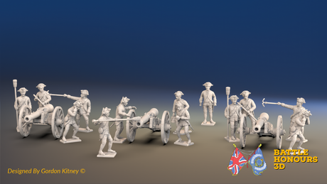 Seven Years’ War Prussian Foot Artillery Battery - 12-Pounders - 3 Guns and 13 Figures, front view. Supplied unpainted.