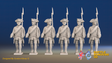Seven Years’ War Russian Musketeers - March Attack - Winter Uniform - Rolled Cloaks, front view. Supplied unpainted.