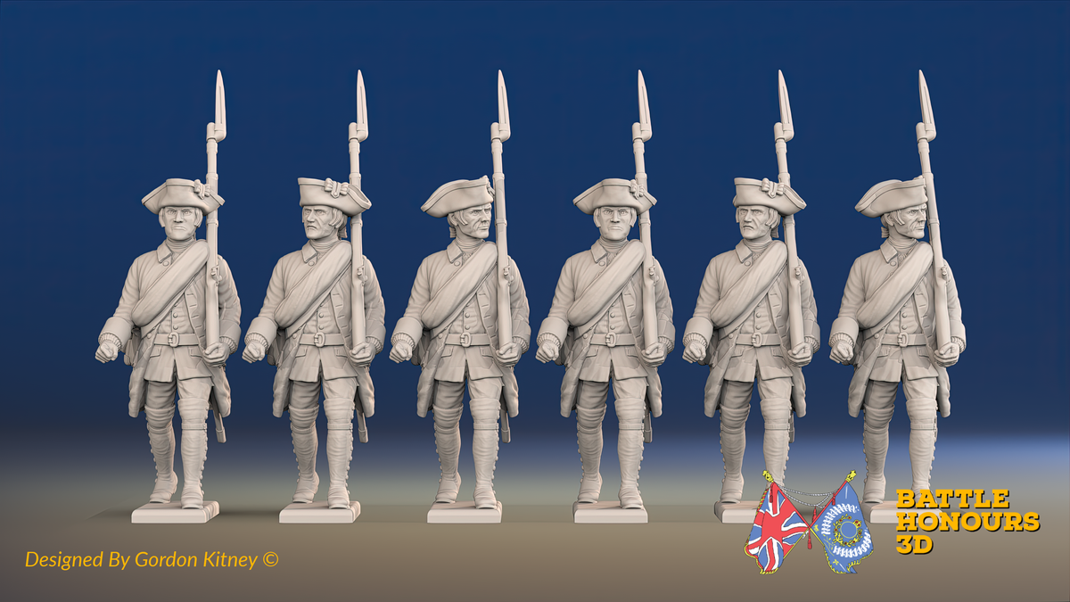 Seven Years’ War Russian Musketeers - March Attack - Winter Uniform - Rolled Cloaks, front view. Supplied unpainted.