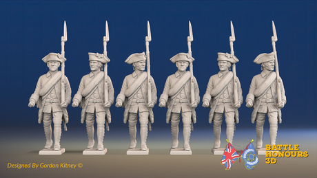 Seven Years’ War Russian Musketeers - March Attack - Winter Uniform - Rolled Coats, front view. Supplied unpainted.