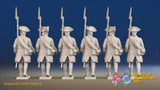 Seven Years’ War Russian Musketeers - March Attack - Winter Uniform - Rolled Cloaks, rear view. Supplied unpainted.
