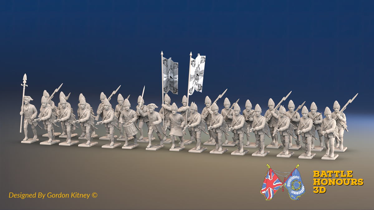 Seven Years’ War Prussian Fusilier Battalion - Charging - Set 2 - 24 Figures, front view. Supplied unpainted.