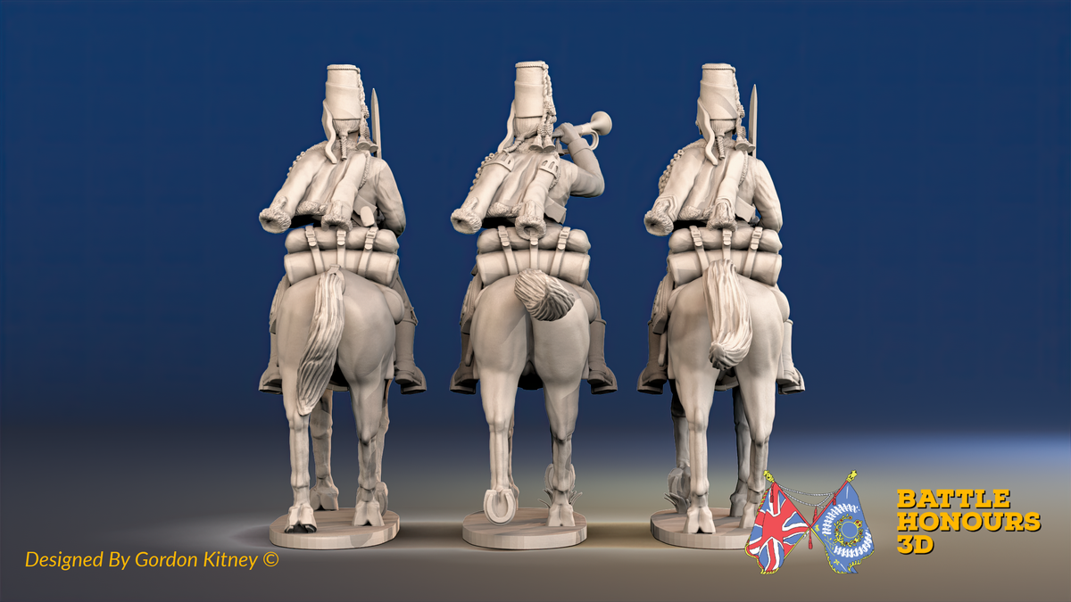 Seven Years’ War Prussian Hussars Command - Trotting - Mirlitons with Skull Badges, rear view. Supplied unpainted.