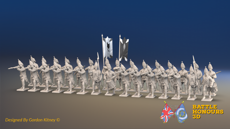 Seven Years’ War Russian Grenadier Battalion - Firing - Winter Uniform - 30 Figures, front view. Supplied unpainted.