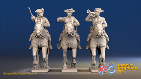 Seven Years’ War Prussian Dragoons Command - Galloping - Tricornes - With Trumpeter, front view. Supplied unpainted.