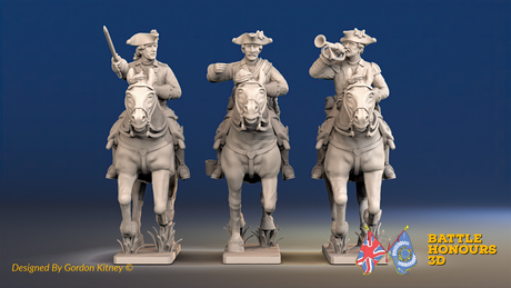 Seven Years’ War Prussian Dragoons Command - Galloping - Set 1 - Command 1, front view. Supplied unpainted.