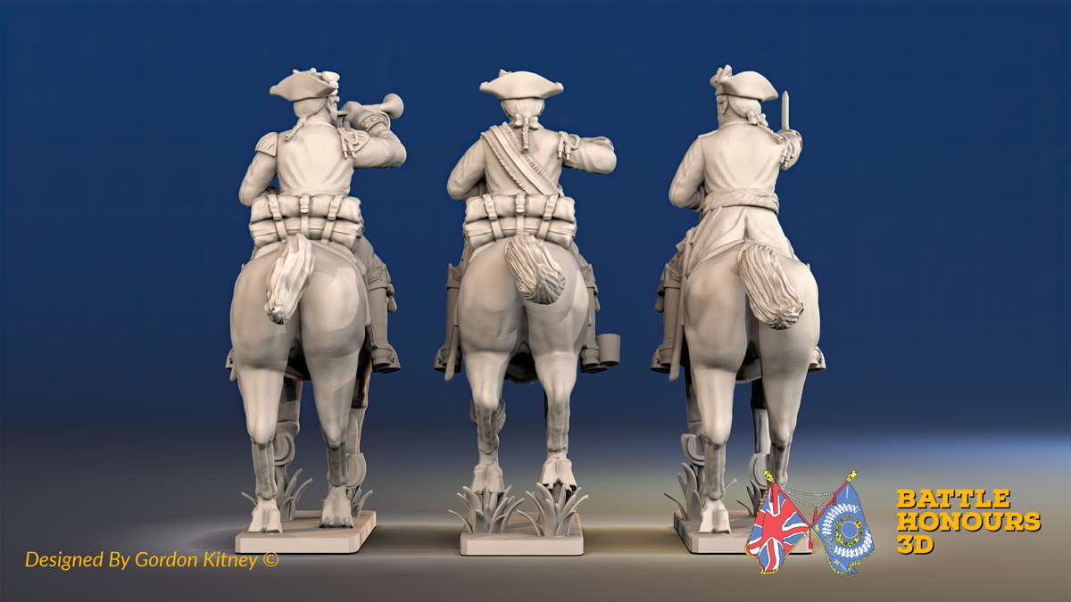 Seven Years’ War Prussian Dragoons Command - Galloping - Tricornes - With Trumpeter, rear view. Supplied unpainted.