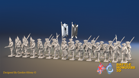 Seven Years’ War Russian Musketeer Battalion - Advancing - Summer Uniform - Rolled Coats - 30 Figures, front view. Supplied unpainted.