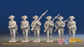 Seven Years’ War Prussian Garrison Musketeers - Charging - Set 4, front view. Supplied unpainted.