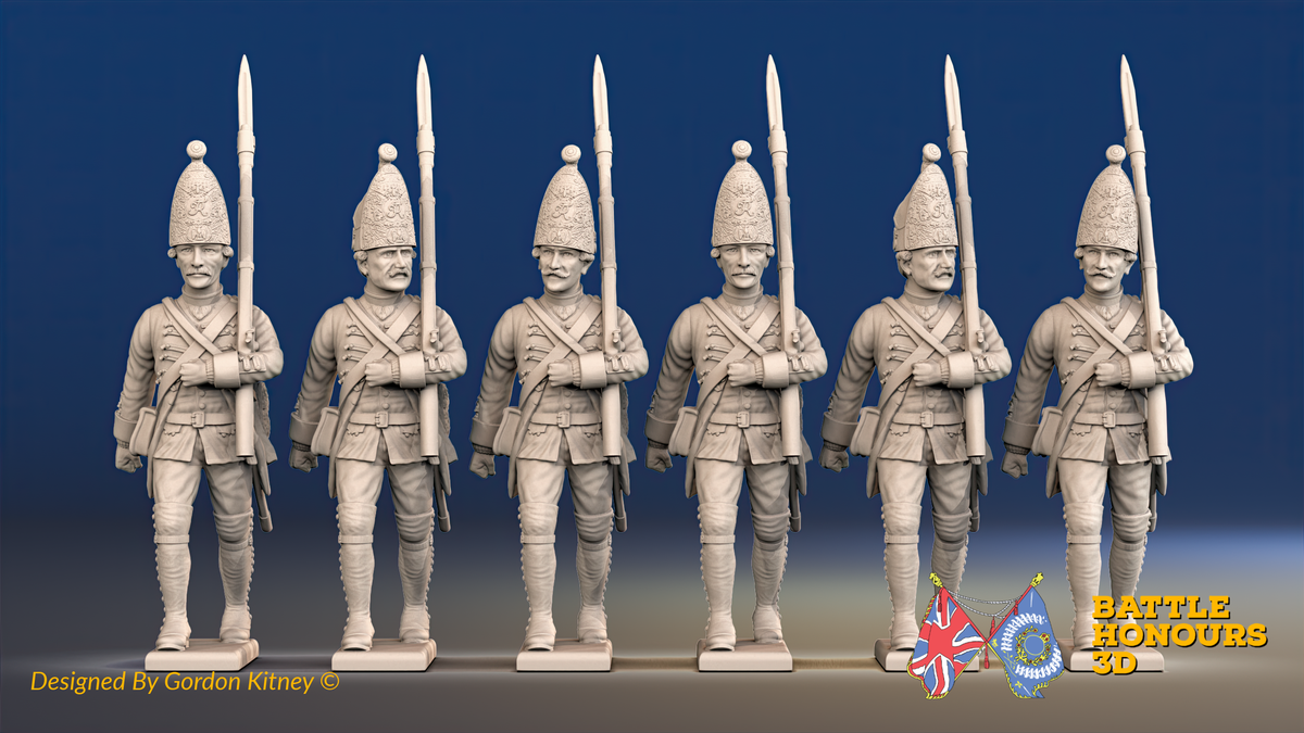 Seven Years’ War Prussian Grenadiers - March Attack - Set 3, front view. Supplied unpainted.