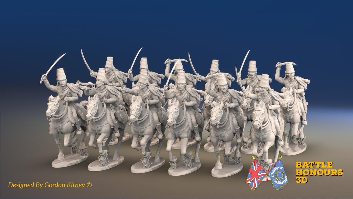 Seven Years’ War Prussian Hussar Regiment - Galloping - Plain Mirlitons - 12 Mounted Figures, front view. Supplied unpainted.