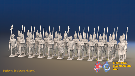 Seven Years’ War Prussian Grenadier Battalion - March Attack - Set 2 and 4 - 24 Figures, front view. Supplied unpainted.