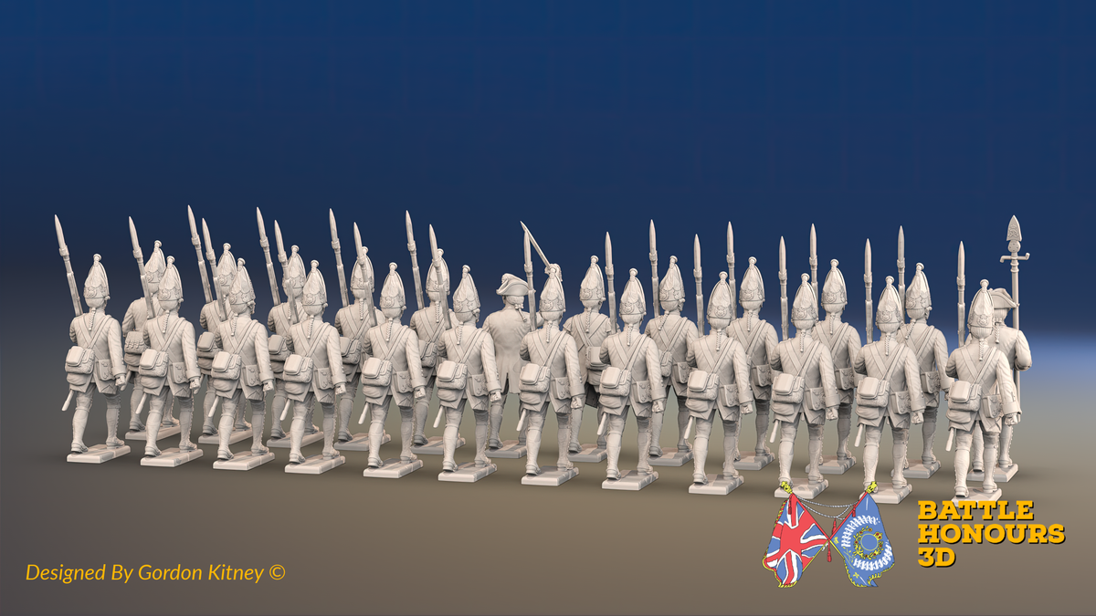 Seven Years’ War Prussian Grenadier Battalion - March Attack - Straight Lapel Lace and Coats Without Lapels - 24 Figures, rear view. Supplied unpainted.