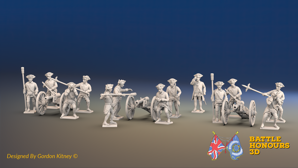 Seven Years’ War Russian Artillery Battery - 6-Pounders - Winter Uniform - 3 Guns and 13 Figures, front view. Supplied unpainted.