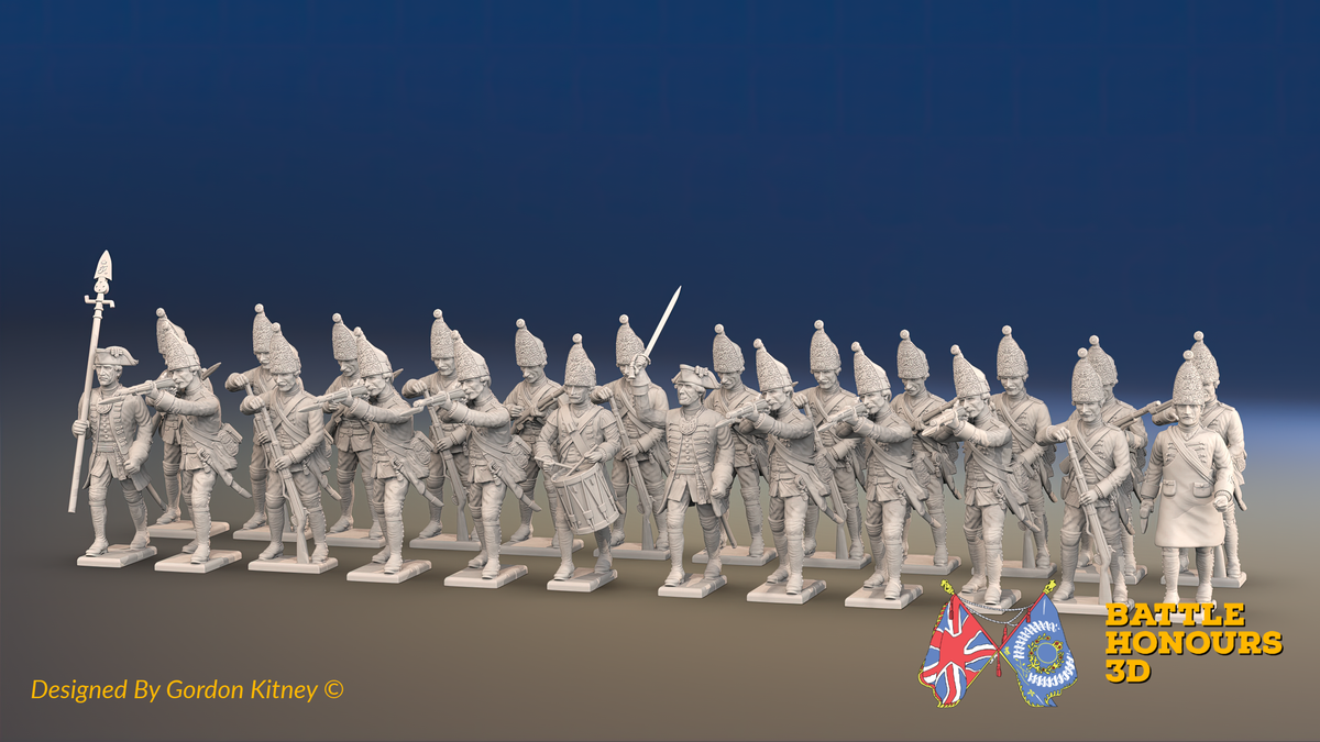 Seven Years’ War Prussian Grenadier Battalion - Firing Line - Straight Lapel Lace and Pointed Lapel Lace - 30 Figures, front view. Supplied unpainted.