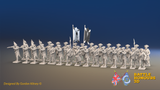 Seven Years’ War Russian Musketeer Battalion - Firing Line - Winter Uniform - Rolled Cloaks - 30 Figures, front view. Supplied unpainted.
