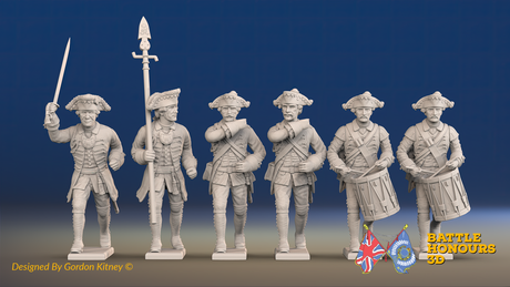 Seven Years’ War Prussian Musketeers Command - Charging - Set 15, front view. Supplied unpainted.