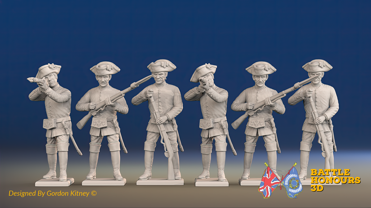 Seven Years’ War Russian Musketeers - Firing - Summer Uniform - Observation Corps, front view. Supplied unpainted.