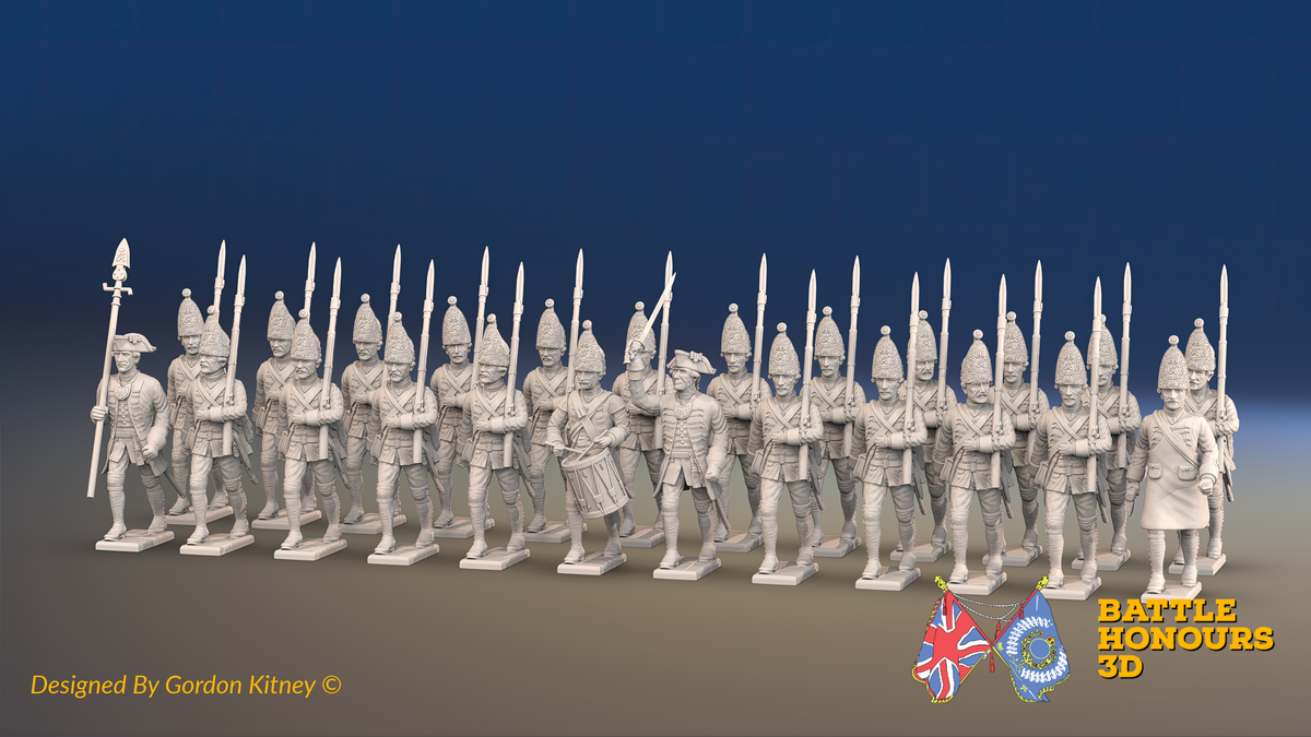 Seven Years’ War Prussian Grenadier Battalion - March Attack - Straight Lapel Lace and Pointed Lapel Lace - 24 Figures, front view. Supplied unpainted.
