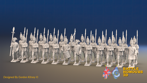 Seven Years’ War Prussian Grenadier Battalion - March Attack - Straight Lapel Lace and Pointed Lapel Lace - 24 Figures, front view. Supplied unpainted.