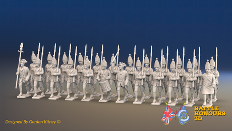 Seven Years’ War Prussian Grenadier Battalion - March Attack - Set 2 and 3 - 24 Figures, front view. Supplied unpainted.