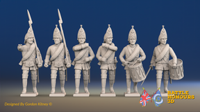 Seven Years’ War Russian Grenadiers Command - Summer Uniform - Observation Corps - Rolled Cloaks, front view. Supplied unpainted.