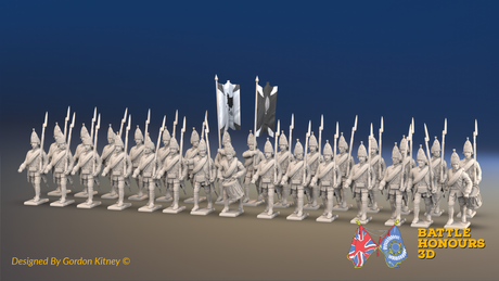 Seven Years’ War Russian Grenadier Battalion - March Attack - Winter Uniform - Rolled Coats - 30 Figures, front view. Supplied unpainted.