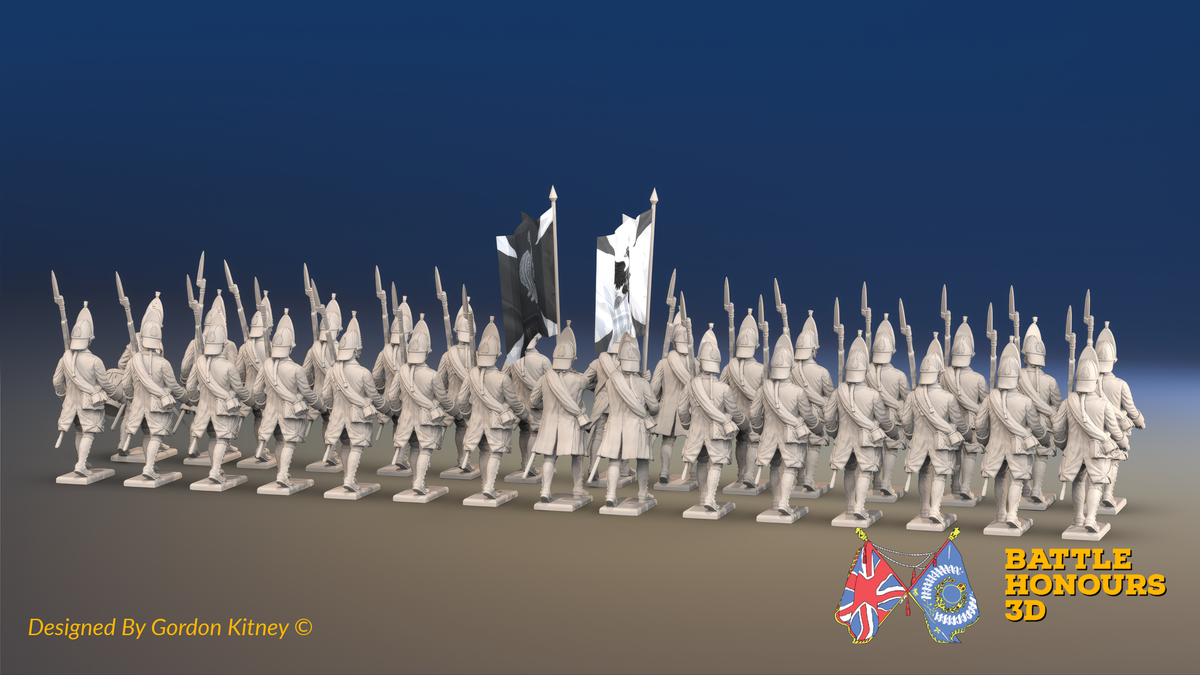 Seven Years’ War Russian Grenadier Battalion - March Attack - Winter Uniform - Rolled Coats - 30 Figures, rear view. Supplied unpainted.
