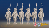 Seven Years’ War Russian Musketeers - March Attack - Winter Uniform - Observation Corps - Rolled Cloaks, front view. Supplied unpainted.