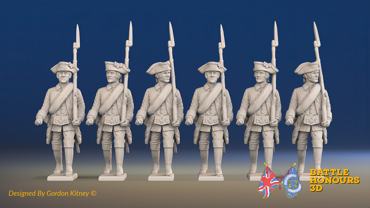 Seven Years’ War Russian Musketeers - March Attack - Winter Uniform - Observation Corps - Rolled Cloaks, front view. Supplied unpainted.