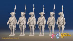 Seven Years’ War Russian Musketeers - March Attack - Winter Uniform - Observation Corps - Rolled Cloaks, front view. Supplied unpainted.