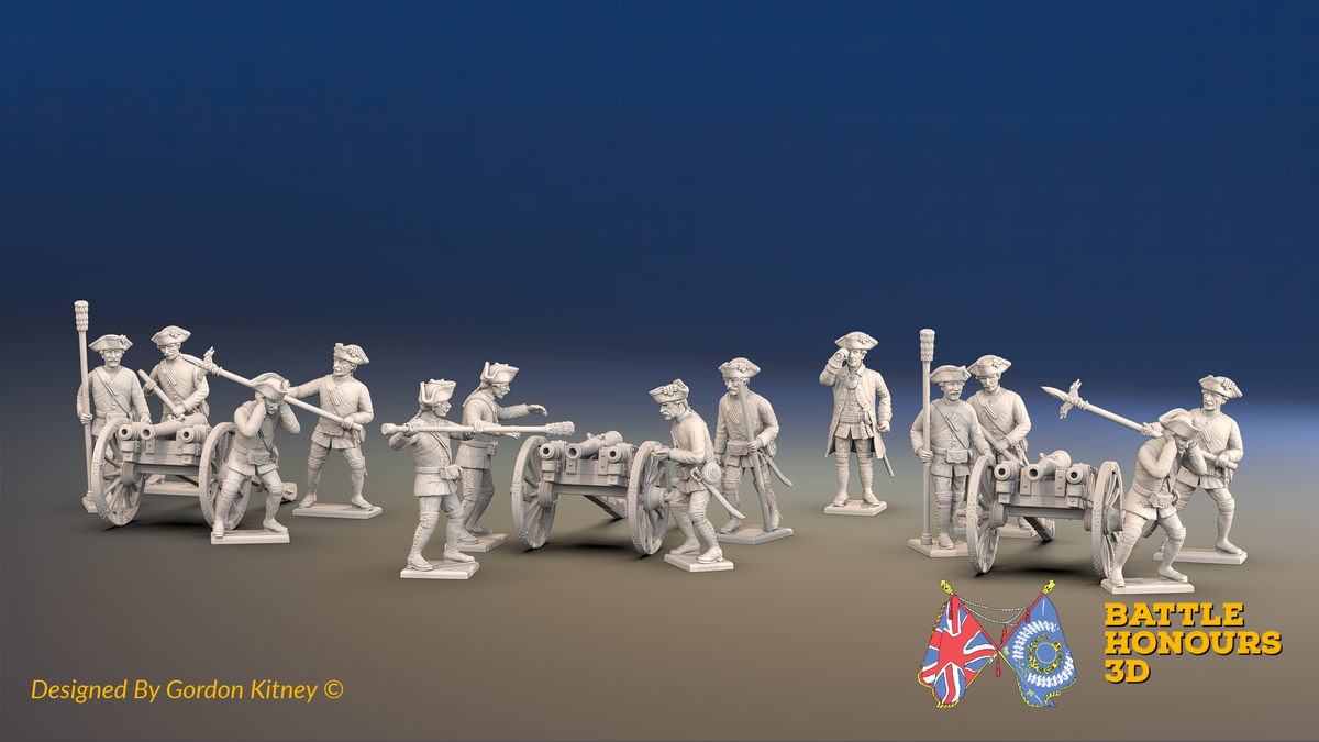 Seven Years’ War Russian Artillery Battery - 3-Pounders - Battalion Guns - Summer Uniform - 3 Guns and 13 Figures, front view. Supplied unpainted.