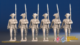 Seven Years’ War Prussian Musketeers - March Attack - Plain Lapels, front view. Supplied unpainted.