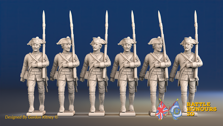 Seven Years’ War Prussian Musketeers - March Attack, front render; six figures, supplied unpainted.