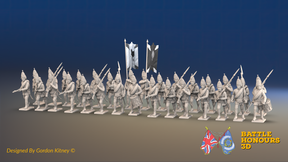 Seven Years’ War Russian Grenadier Battalion - Advancing - Summer Uniform - Rolled Cloaks - 30 Figures, front view. Supplied unpainted.