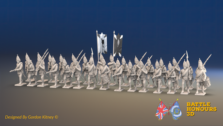 Seven Years’ War Russian Grenadier Battalion - Advancing - Summer Uniform - Rolled Coats - 30 Figures, front view. Supplied unpainted.