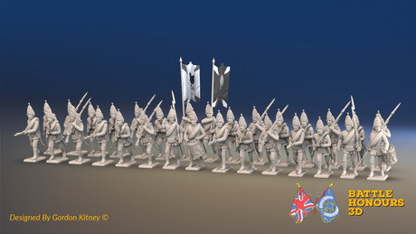Seven Years’ War Russian Grenadier Battalion - Advancing - Summer Uniform - Observation Corps - Rolled Coats - 30 Figures, front view. Supplied unpainted.