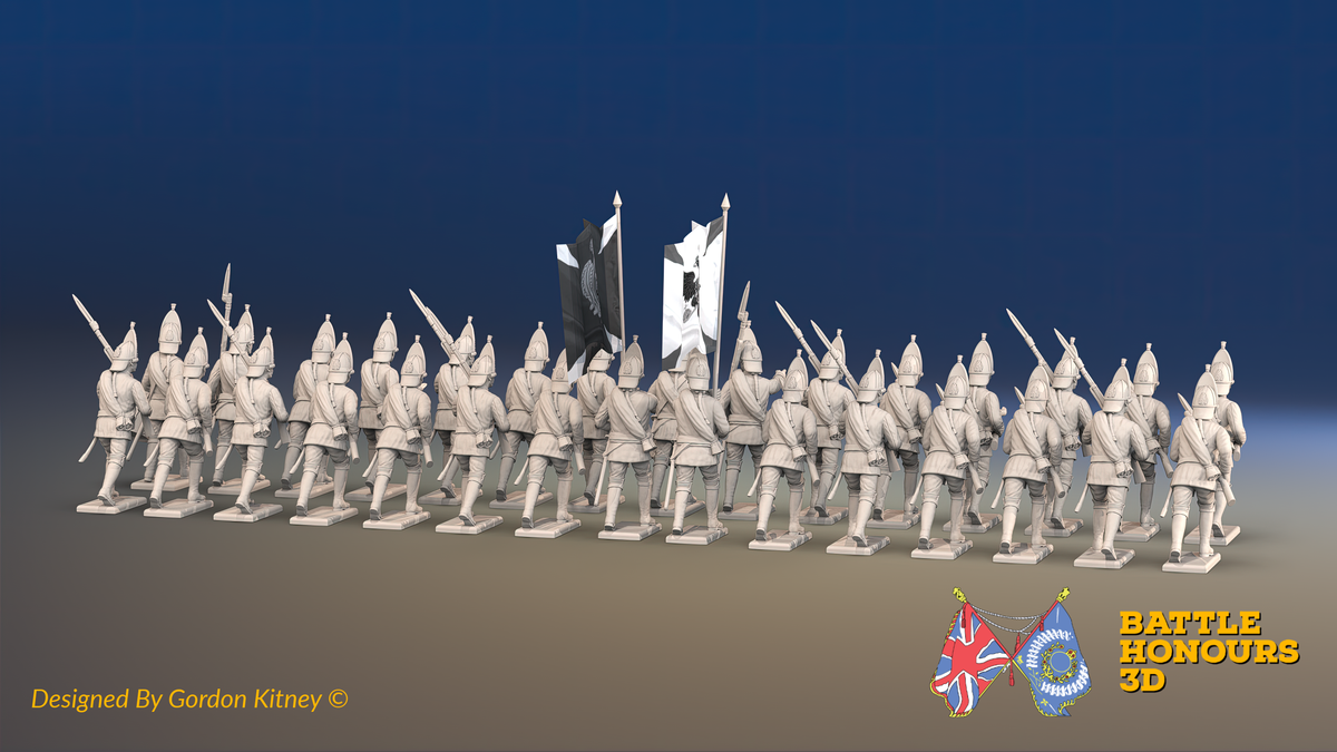 Seven Years’ War Russian Grenadier Battalion - Advancing - Summer Uniform - Observation Corps - Rolled Coats - 30 Figures, rear view. Supplied unpainted.