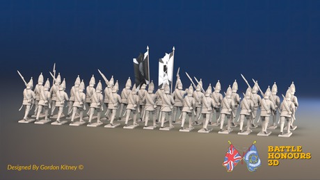 Seven Years’ War Russian Grenadier Battalion - Advancing - Summer Uniform - Observation Corps - Rolled Coats - 30 Figures, rear view. Supplied unpainted.